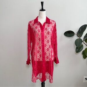 Vtg Victorias Secret Gold Label Red Satin Sheer Floral Lace Sleep Shirt M/L